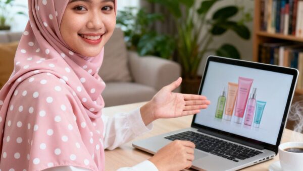 Ibu rumah tangga menjalankan usaha dari rumah menggunakan laptop sambil mengurus keluarga
