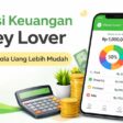 Ilustrasi aplikasi keuangan Money Lover di smartphone dengan grafik pengeluaran, kalkulator, dan tumpukan koin untuk mengatur keuangan pribadi