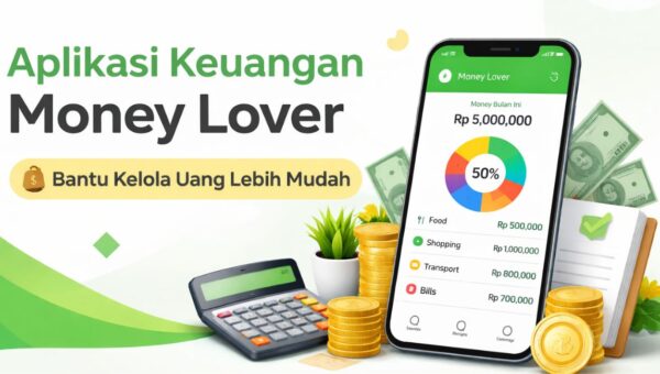 Ilustrasi aplikasi keuangan Money Lover di smartphone dengan grafik pengeluaran, kalkulator, dan tumpukan koin untuk mengatur keuangan pribadi