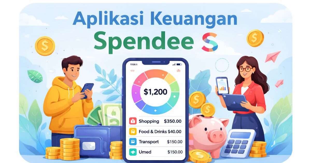 Ilustrasi Aplikasi Keuangan Spendee dengan tampilan dashboard pengeluaran di smartphone, menampilkan kategori belanja, makanan, transportasi, dan medis
