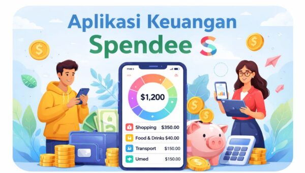 Ilustrasi Aplikasi Keuangan Spendee dengan tampilan dashboard pengeluaran di smartphone, menampilkan kategori belanja, makanan, transportasi, dan medis